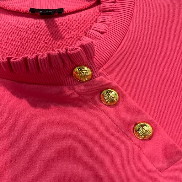 Talbots Pink Ruffle Neck Sweatshirt L 100% Cotton Button Detail Preppy Cozy Chic - Picture 5 of 9